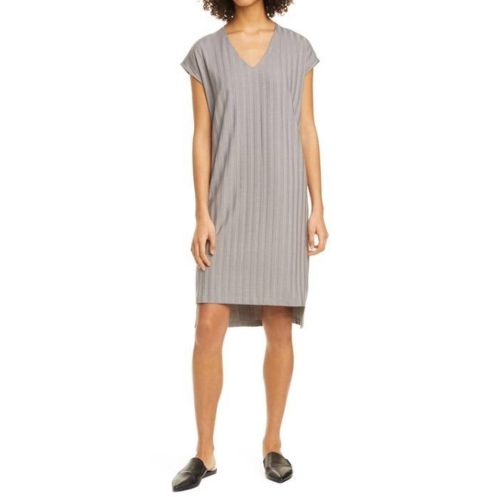 EILEEN FISHER‎ RIBBED SHEATH DRESS V NECK HIGH LOW​​​​​